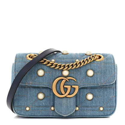 Gucci Denim Matelasse Pearl Studded Mini GG Marmont Shoulder Bag Blue 1 of 12