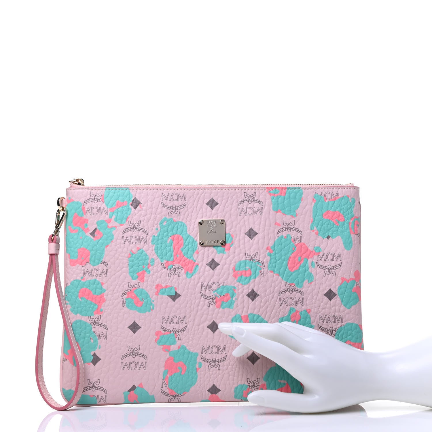 MCM Visetos Floral Leopard Wristlet Zip Pouch Pink 2 of 7