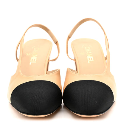 Chanel Goatskin Grosgrain Cap Toe CC Slingback Pumps 41 Beige Black 3 of 10