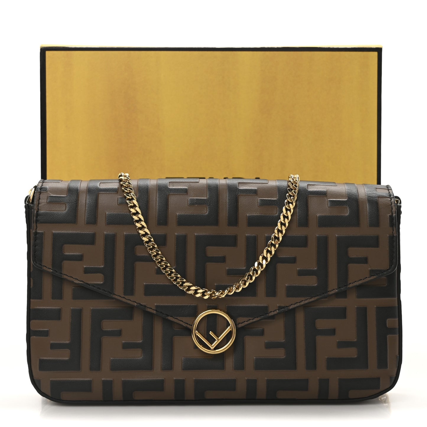 Vitello Soft F is Fendi Bi-Color FF 1974 Embossed Envelope Wallet On Chain with Pouches Maya Black