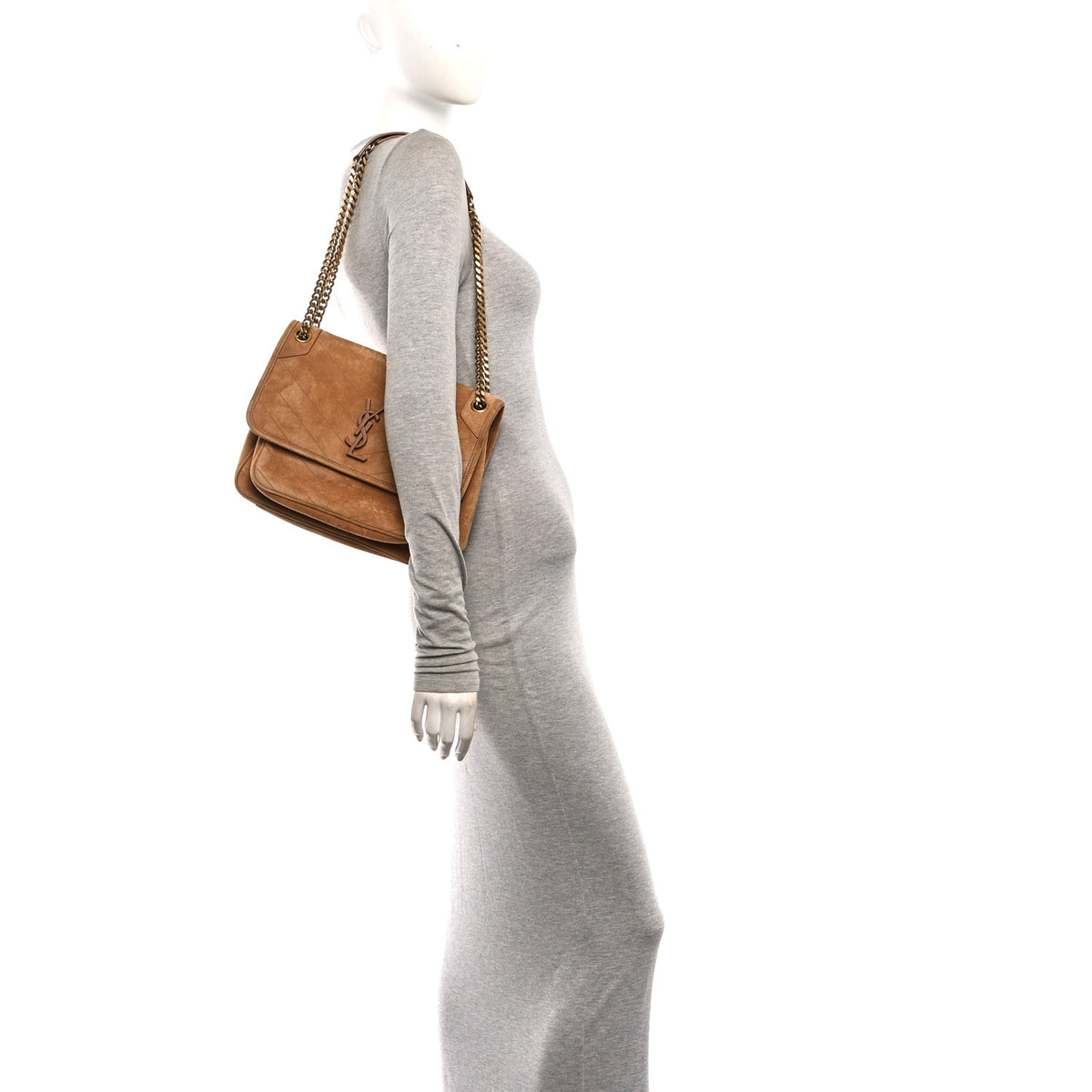 Suede Monogram Medium Niki Chain Satchel Cinnamon