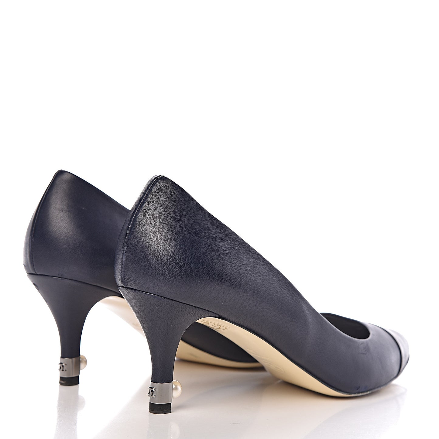 Lambskin Cap Toe Pearl Pumps 39 Navy Blue Black