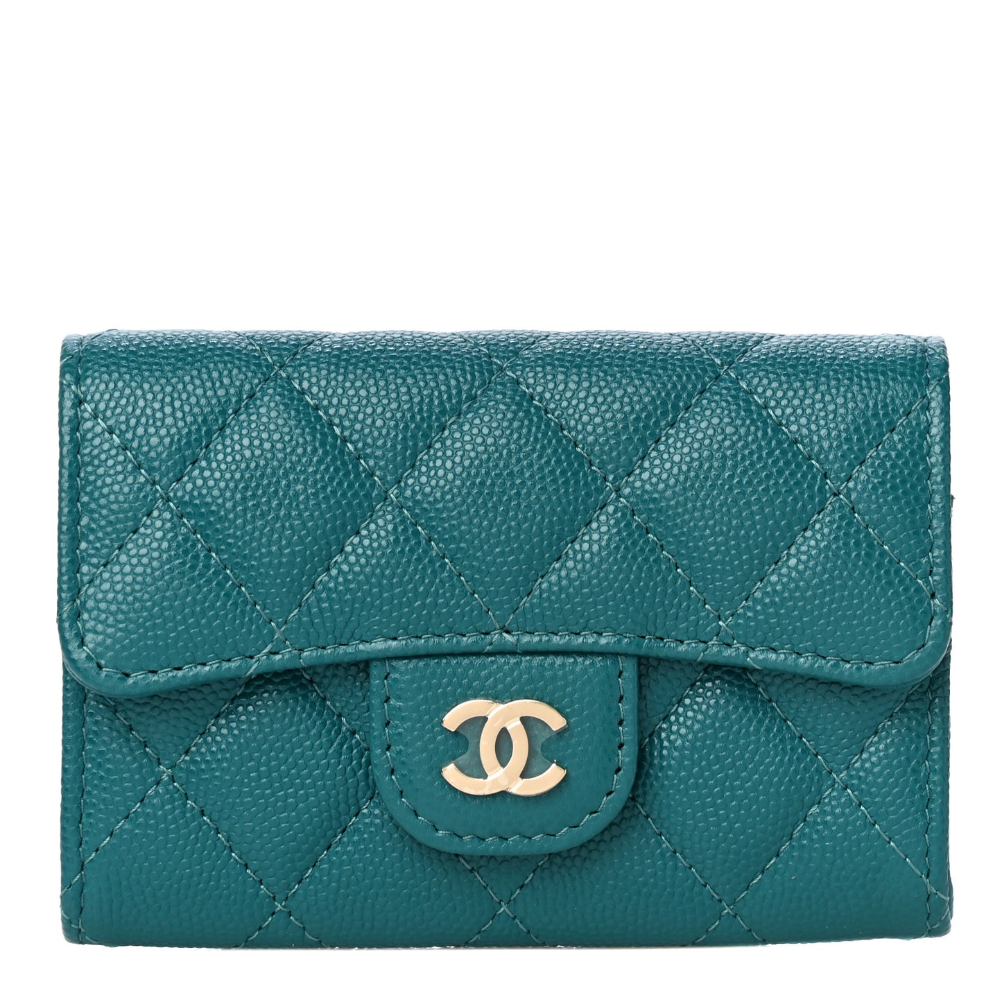 Caviar Quilted Flap Card Holder Wallet Turquoise