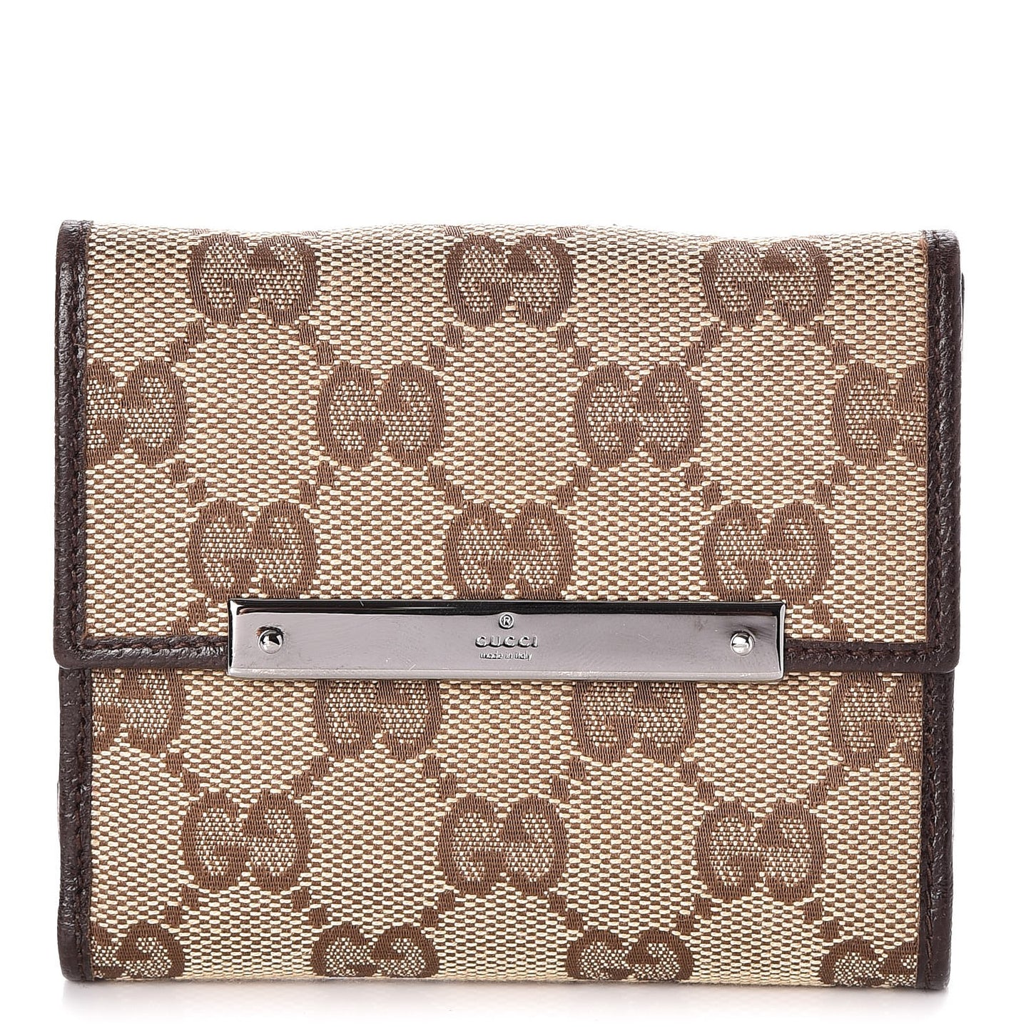 Monogram Textured Calfskin Metal Bar French Flap Wallet Beige Ebony Cocoa