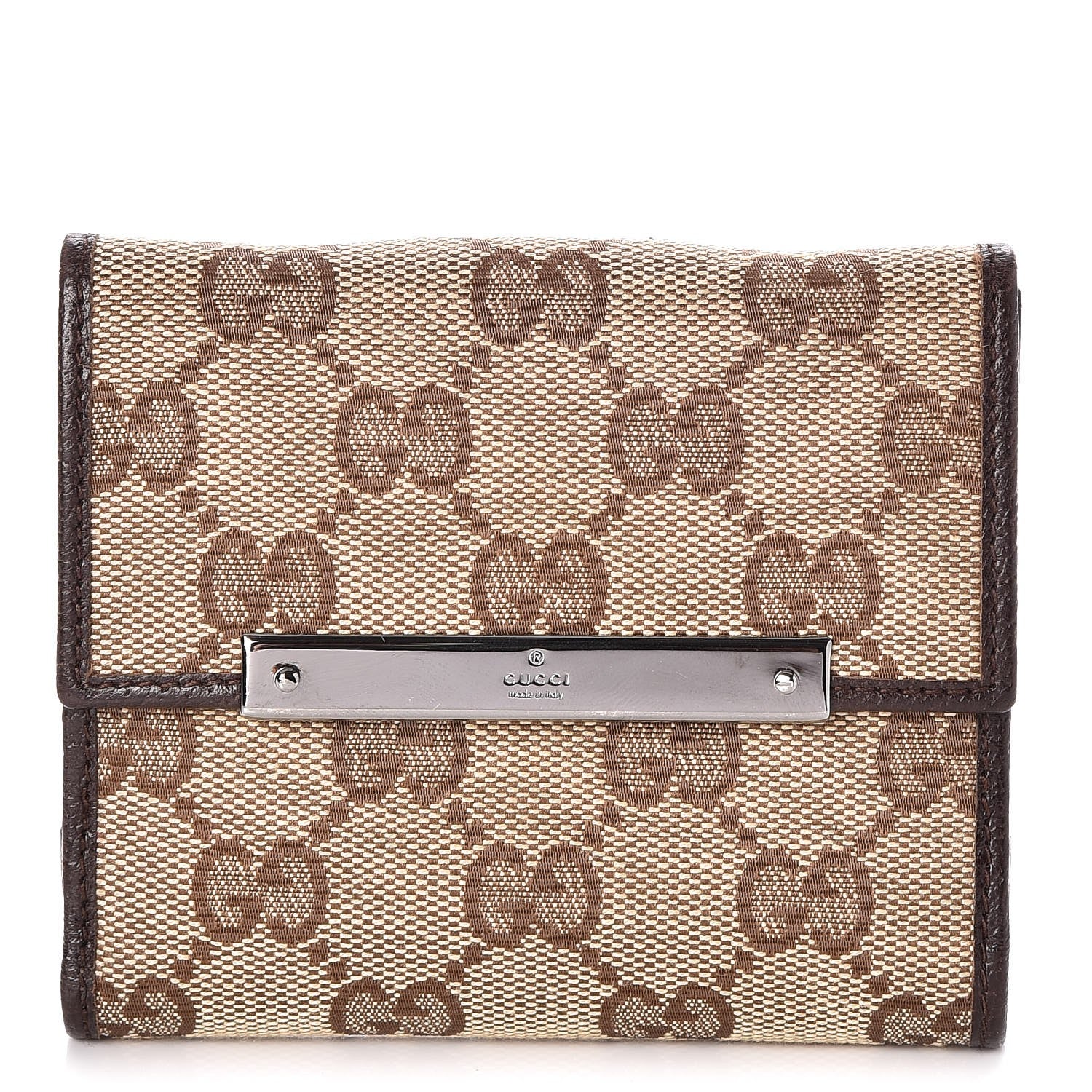 Gucci Monogram Textured Calfskin Metal Bar French Flap Wallet Beige Ebony Cocoa 1 of 8