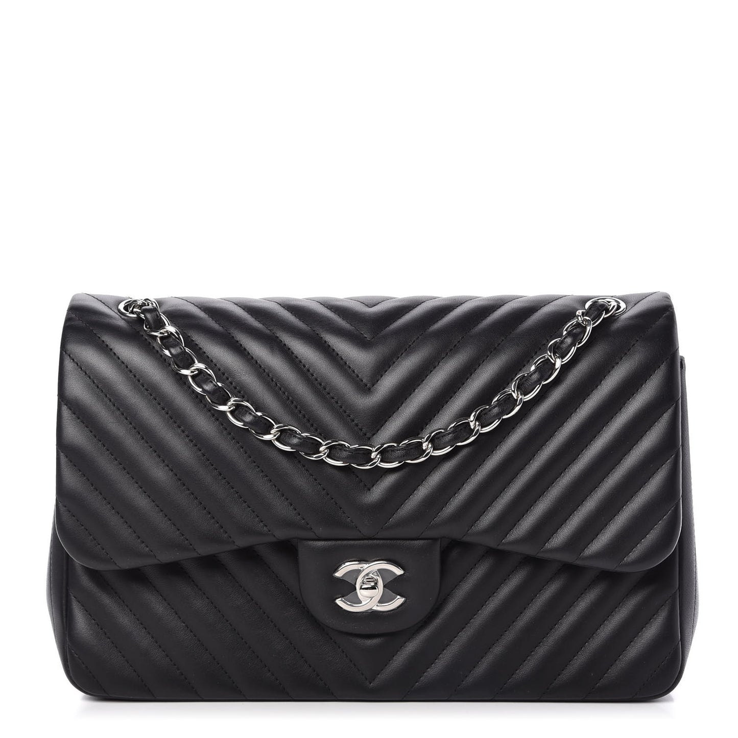 Lambskin Chevron Quilted Jumbo Double Flap Black
