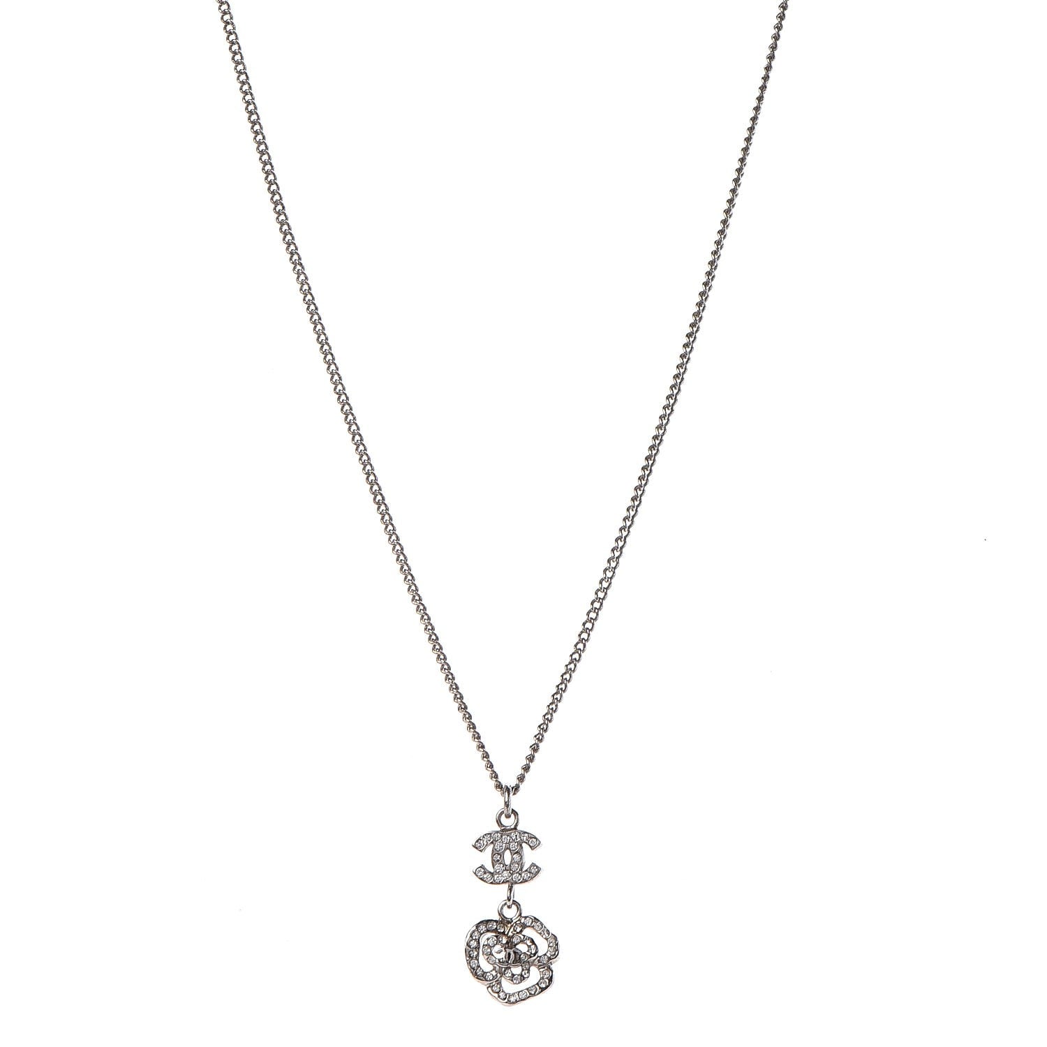 Chanel Swarovski Crystal Camellia CC Necklace Silver 1 of 5