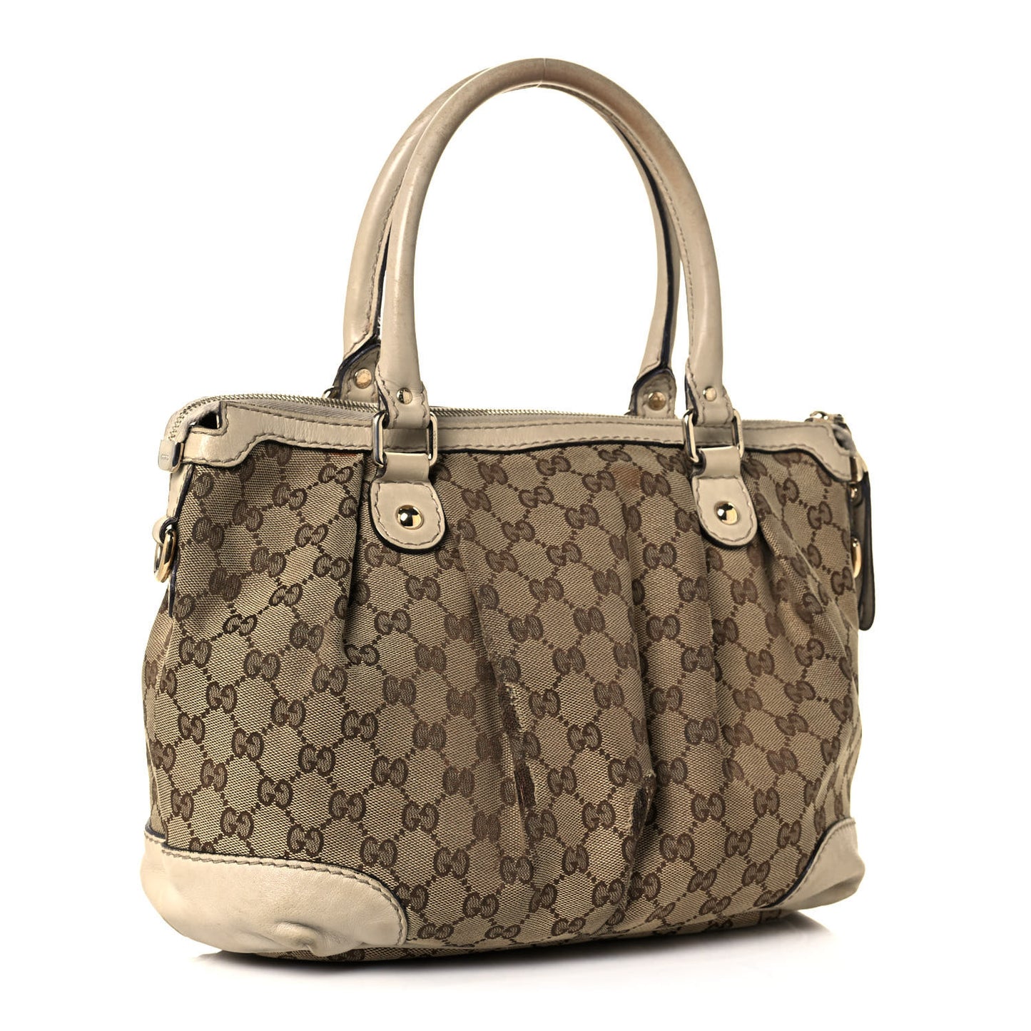 Monogram Margaux Calfskin Medium Sukey Top Handle Bag Beige Ebony Mystic White