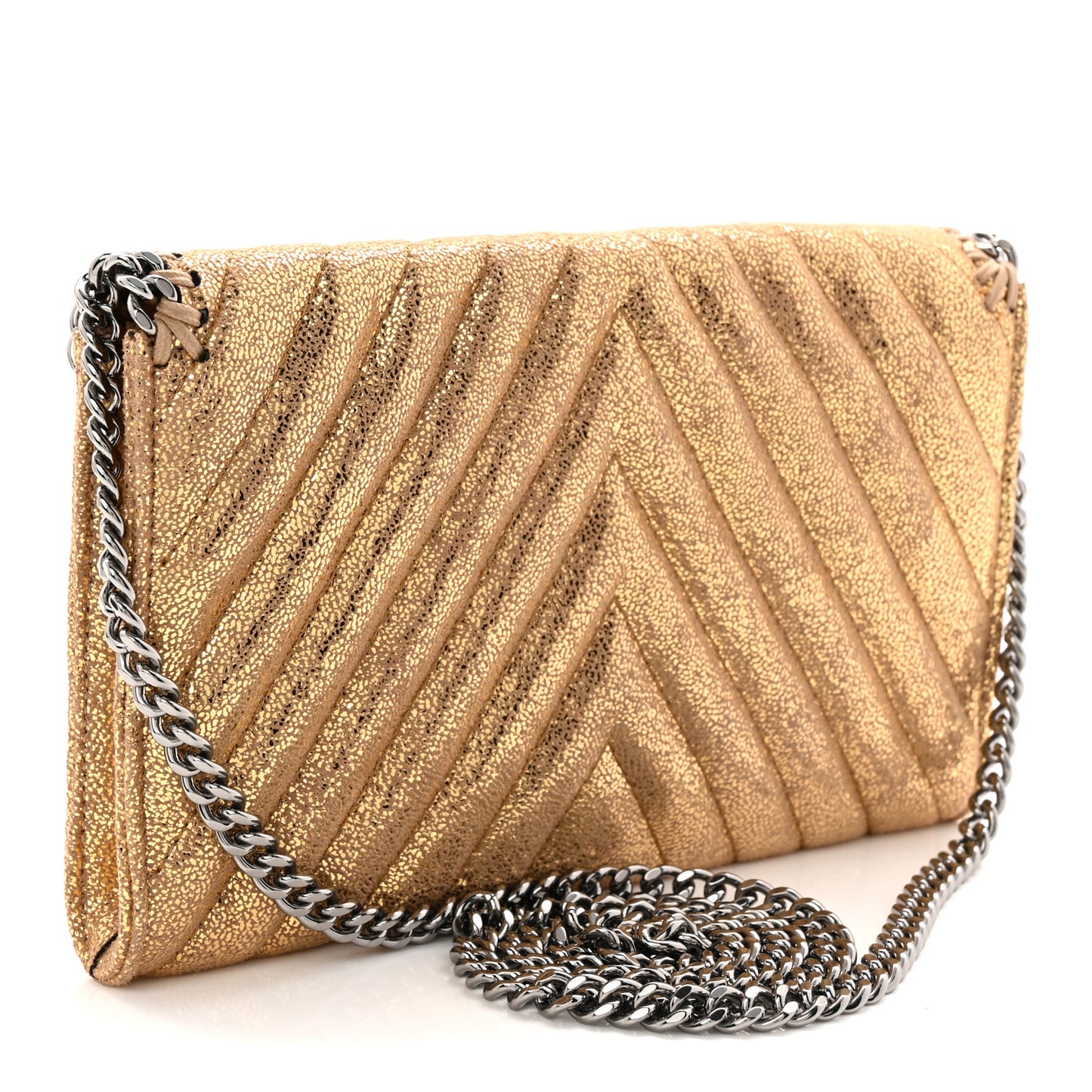 Metallic Shaggy Deer Chevron Quilted Mini Fold Over Falabella Gold