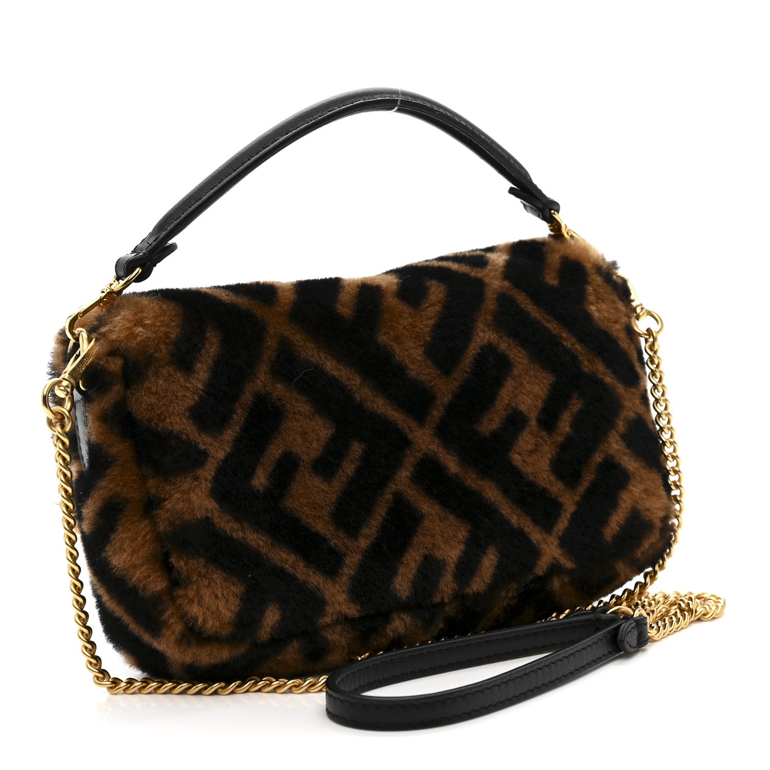 Fendi Shearling Vitello Dolce Macro FF 1974 Mini Baguette Tobacco Black 3 of 10