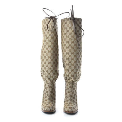 Gucci Monogram Malaga Kid Lisa Mid Heel Boots 38 Beige Ebony 2 of 7