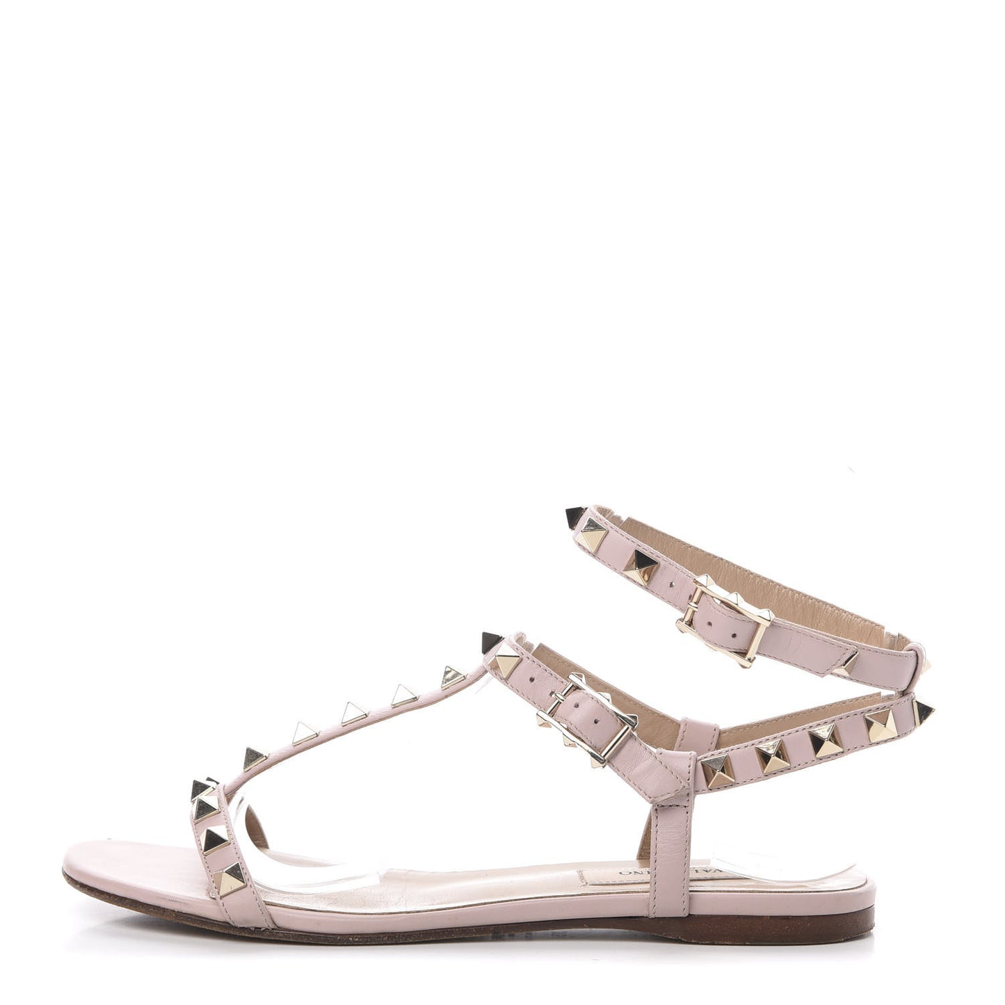 Calfskin Rockstud Ankle T-Strap Flat Sandals 35 Water Rose