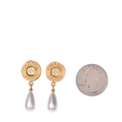 Chanel Metal Pearl Paris Button Drop Earrings Gold 2 of 4