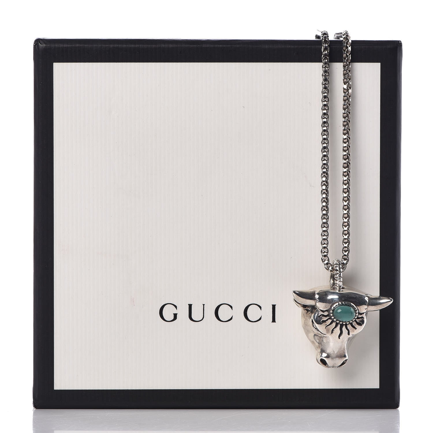 Gucci Sterling Silver Glass Anger Forest Bull Head Necklace Green