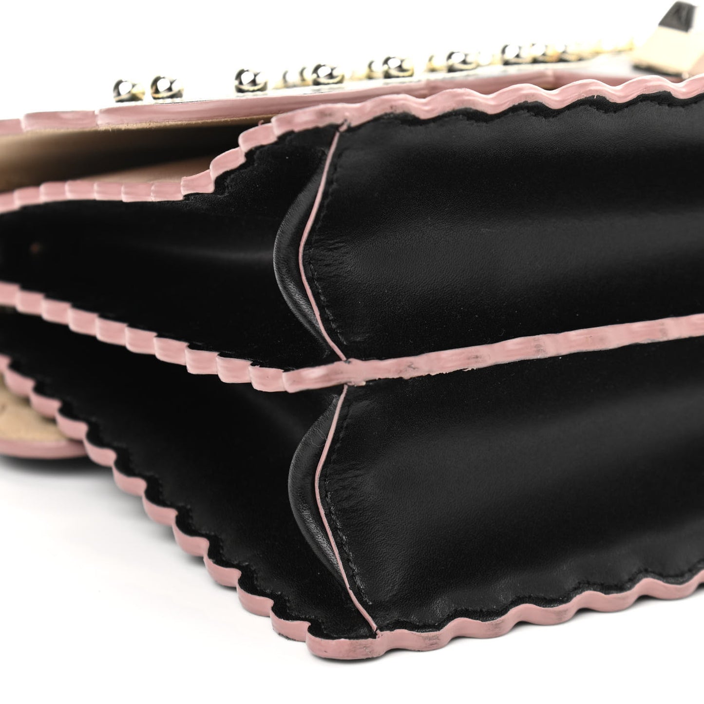 Vitello Liberty Pearl Bi-Color Flowers and Bow Scalloped Studded Kan I Shoulder Bag Black Soap