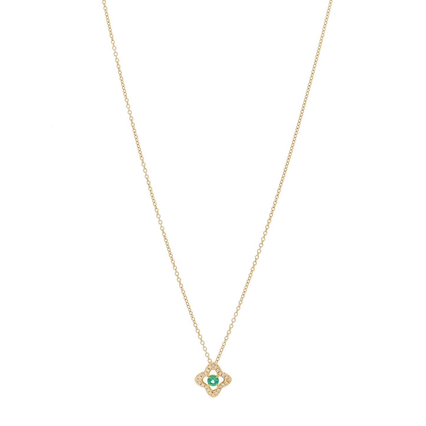 18K Yellow Gold Diamond Emerald Venetian Quatrefoil Pendant Necklace