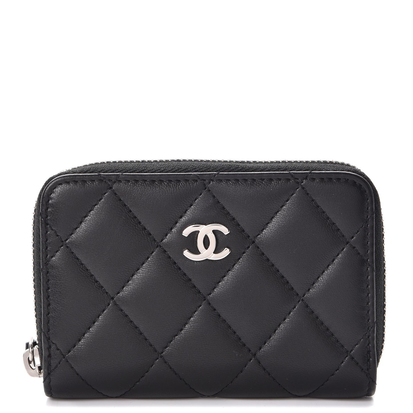Lambskin Quilted Zip Around Coin Purse Wallet Black