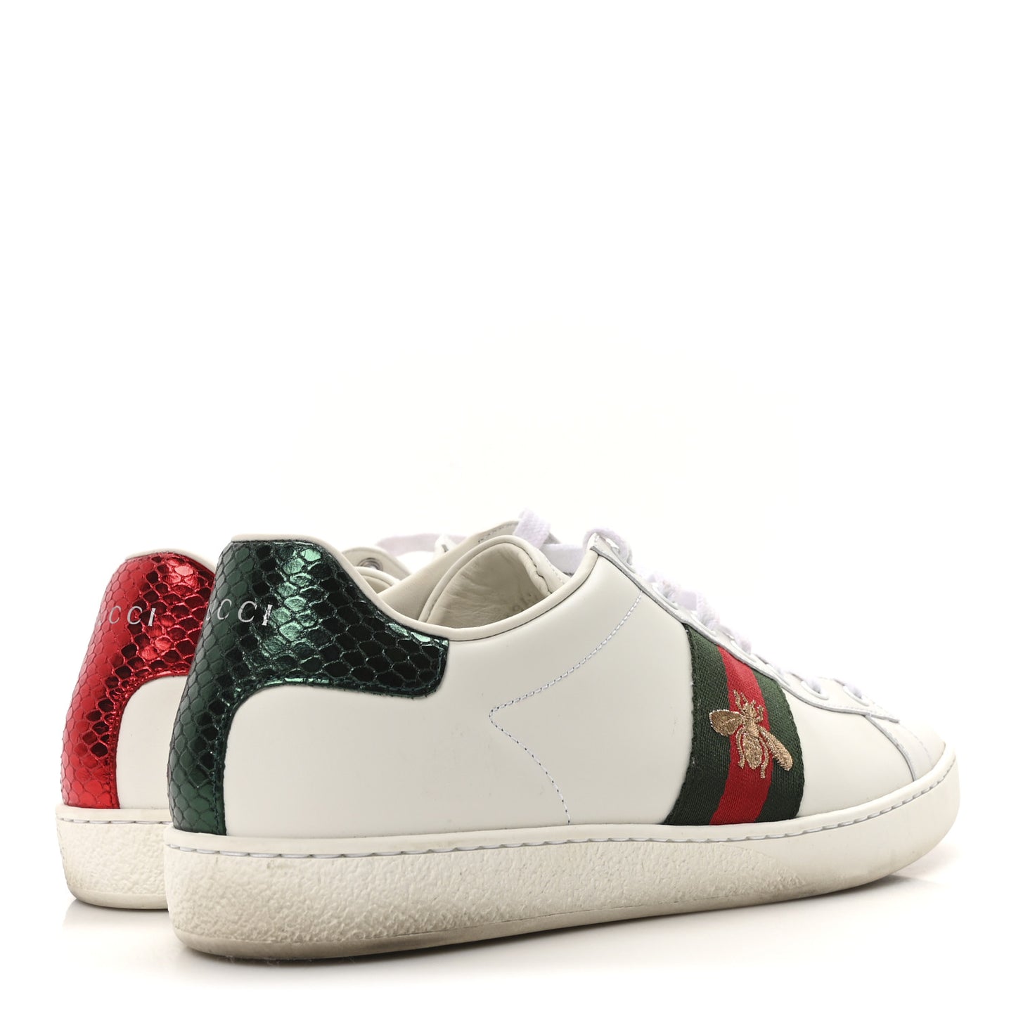 Calfskin Ayers Bee Embroidered Womens Ace Sneakers 39.5 White Red Flame Green
