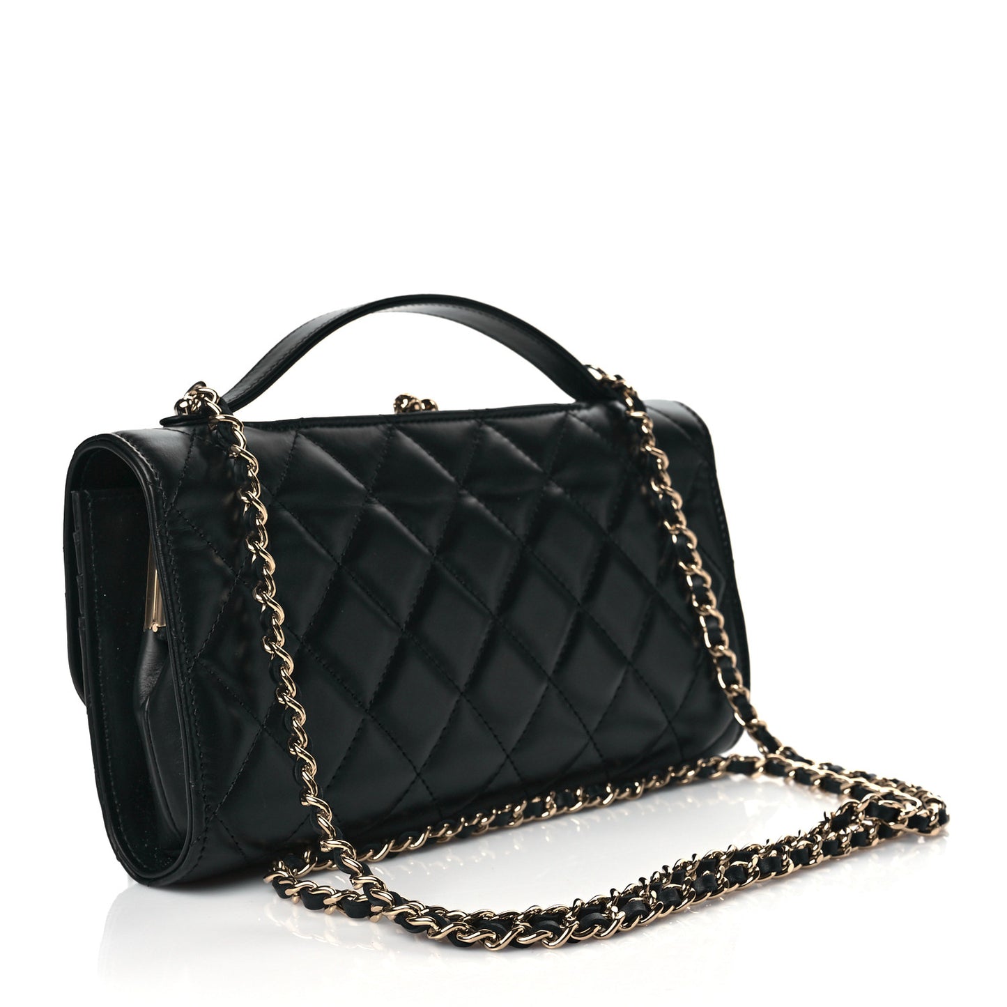 Shiny Calfskin Quilted Flap Phone Holder With Chain Black