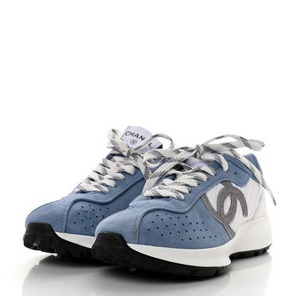 Chanel Suede Kidskin Fabric Perforated Quilted Womens CC Sneakers 37 Blue White 3 of 9