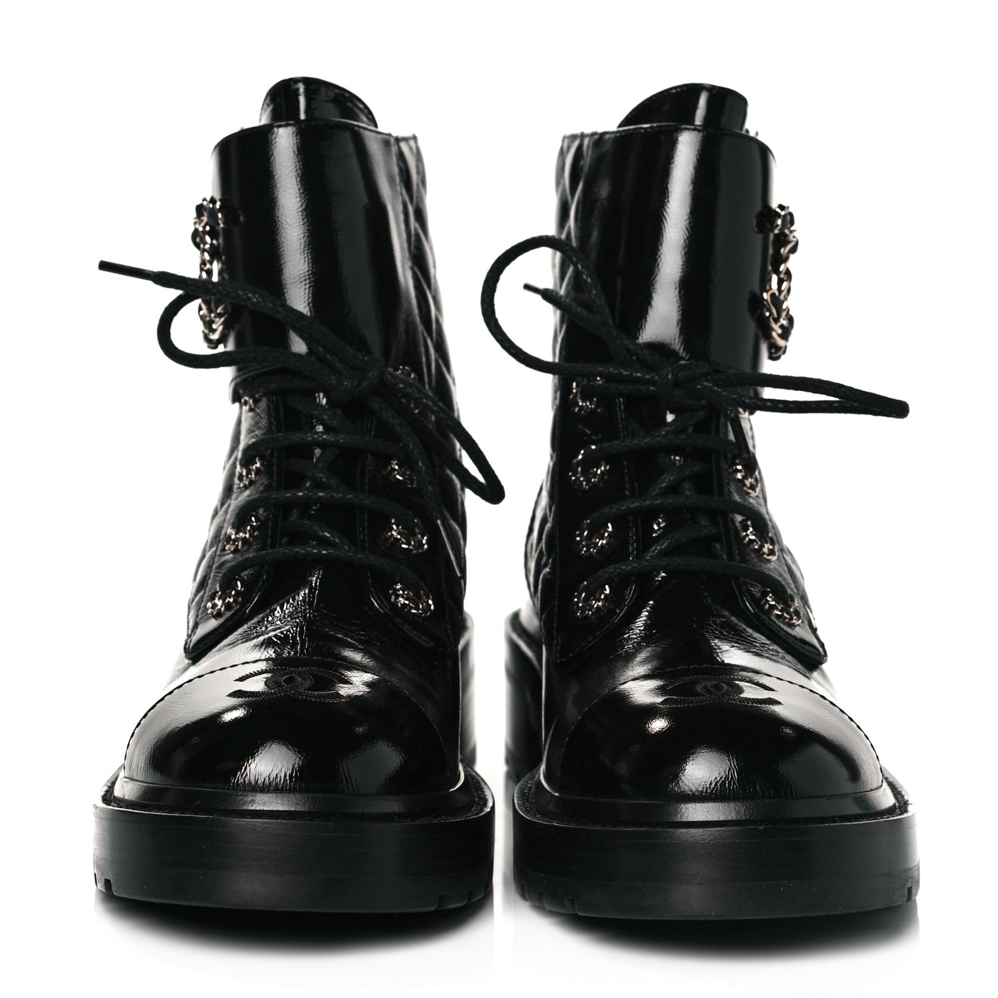 Shiny Calfskin Quilted Lace Up Combat Boots 39.5 Black