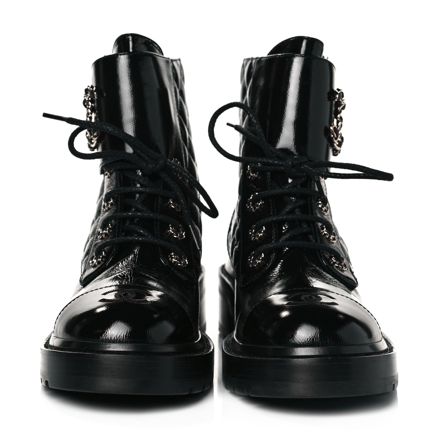 Chanel Shiny Calfskin Quilted Lace Up Combat Boots 39.5 Black 2 of 8