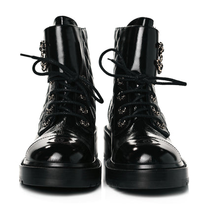 Chanel Shiny Calfskin Quilted Lace Up Combat Boots 39.5 Black 2 of 8