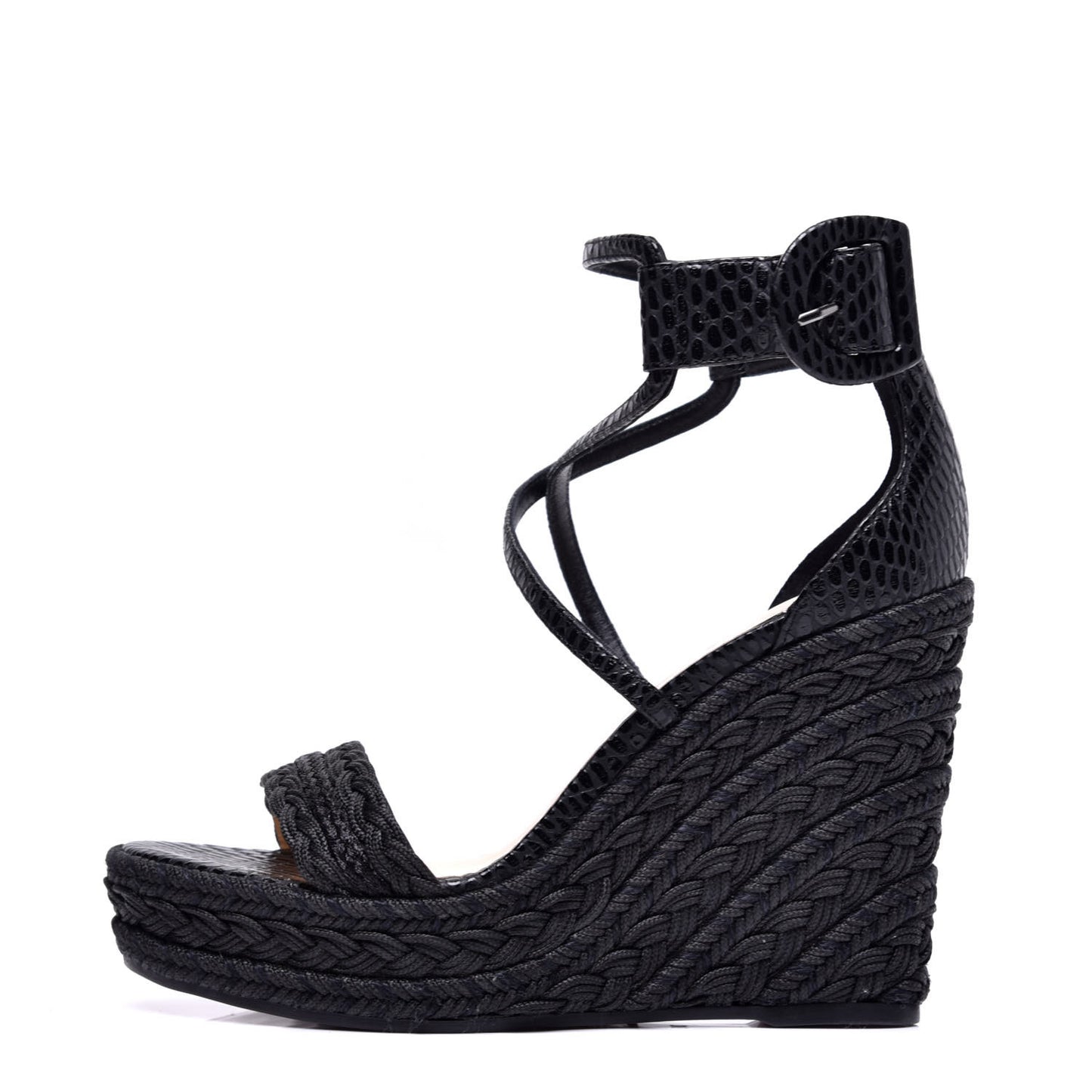 Cotton Braided Calfskin Bodrum 110 Wedge Sandals 36 Black
