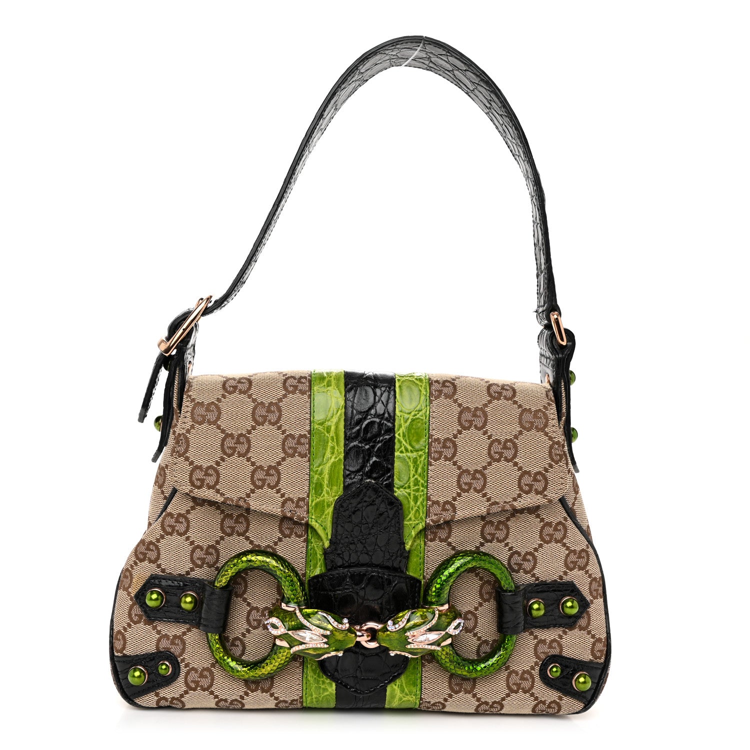 Gucci Monogram Crocodile Web Tom Ford Dragon Flap Bag Dark Brown Green 1 of 12