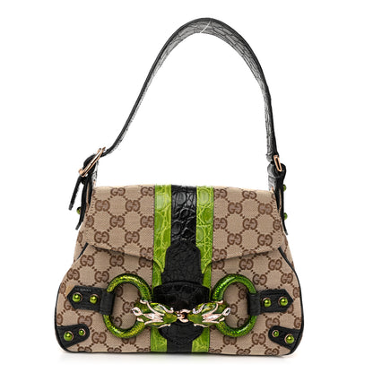 Gucci Monogram Crocodile Web Tom Ford Dragon Flap Bag Dark Brown Green 1 of 12