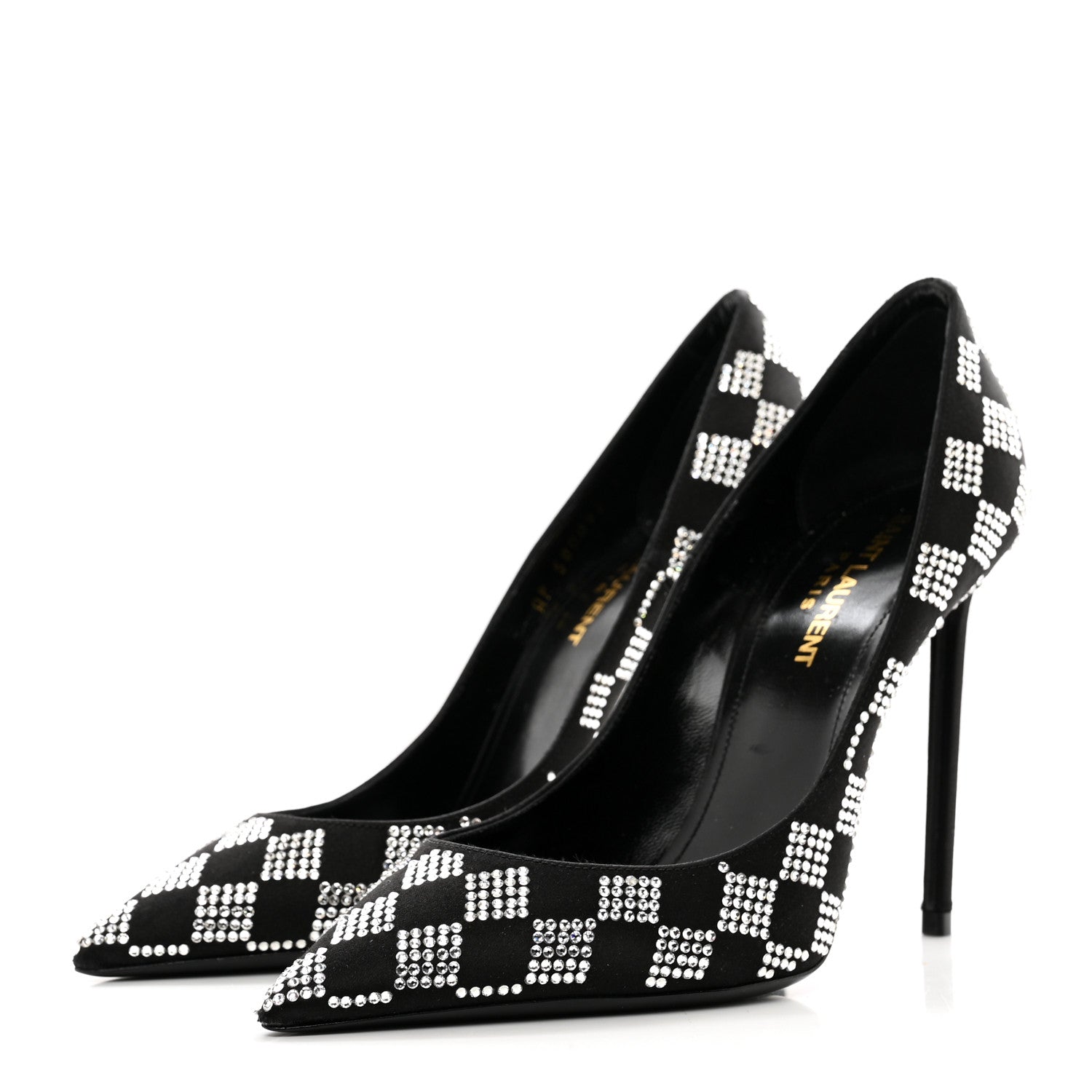 Saint Laurent Satin Crystal Embellished Checkered Zoe 105 Pumps 37 Black 3 of 8