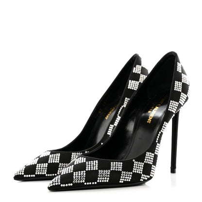 Saint Laurent Satin Crystal Embellished Checkered Zoe 105 Pumps 37 Black 3 of 8