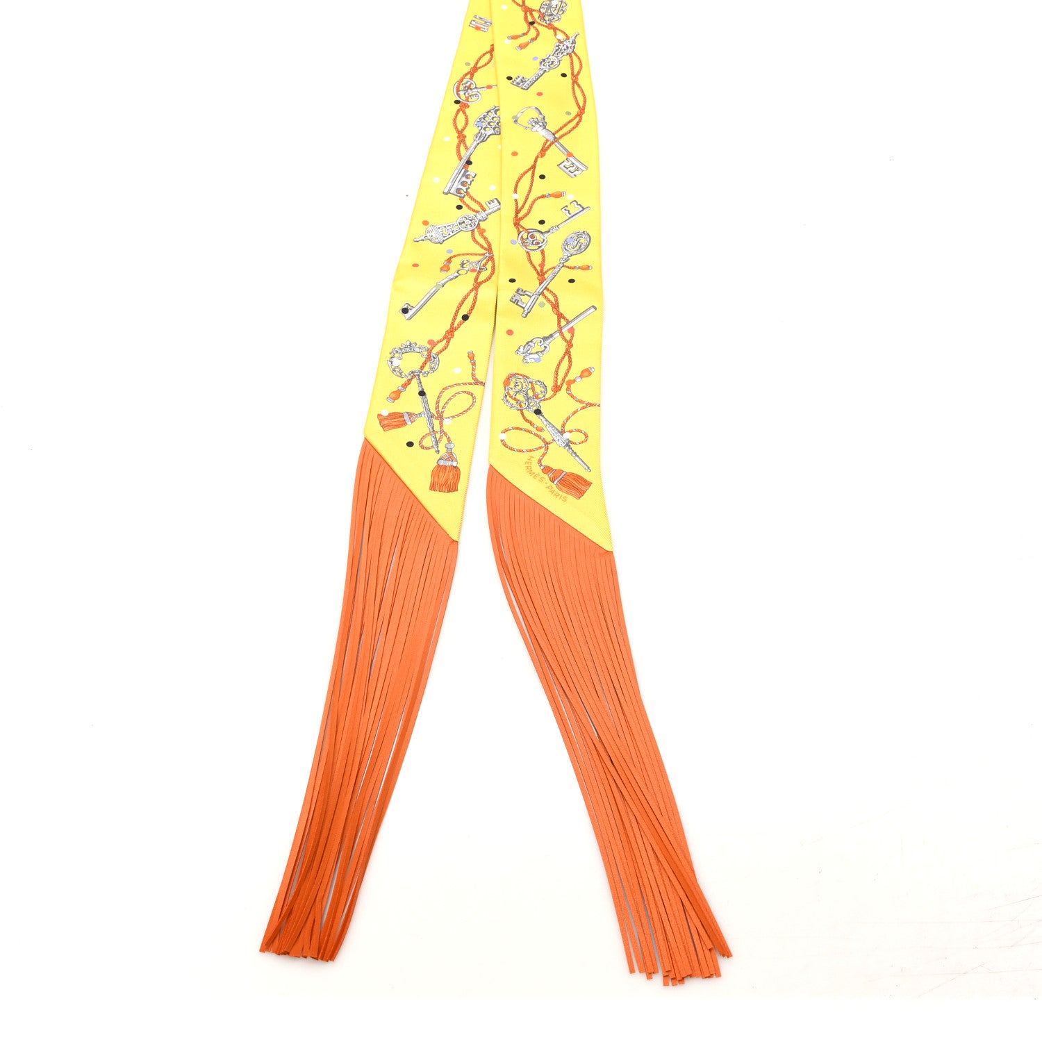 Hermes Silk Calfskin Les Cles A Pois Fringed Twilly Jaune Argent