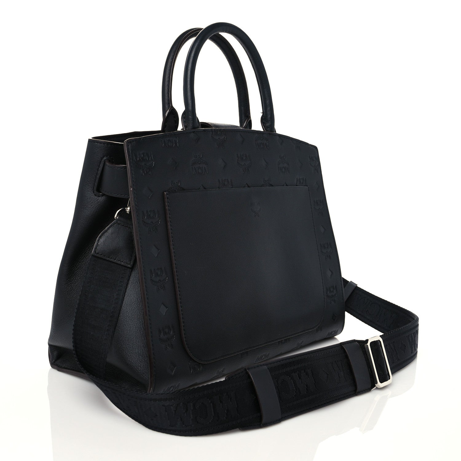 MCM Calfskin Ottoman Essential Visetos Medium Tote Bag Black 2 of 8