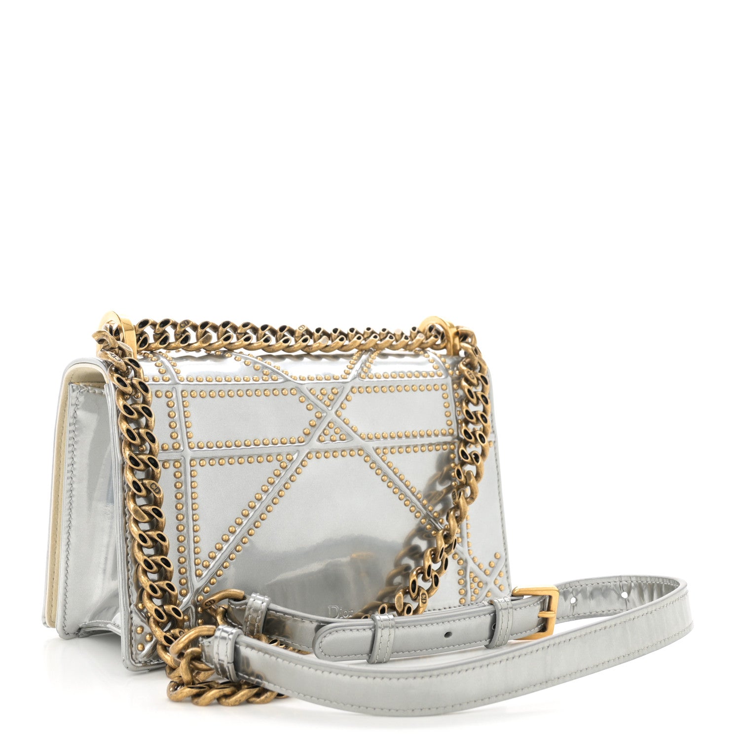 Christian Dior Metallic Patent Studded Small Diorama Flap Bag Silver 3 of 14