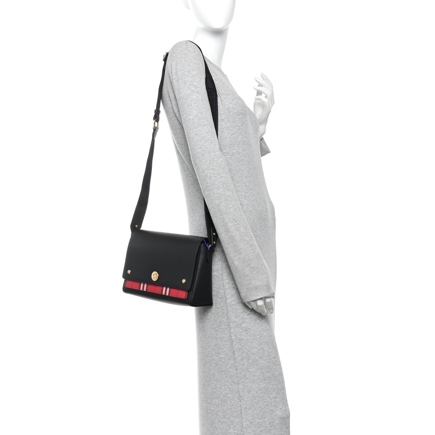 Burberry Grainy Calfskin Vintage Check Medium Note Crossbody Bag Black Post Red 2 of 10