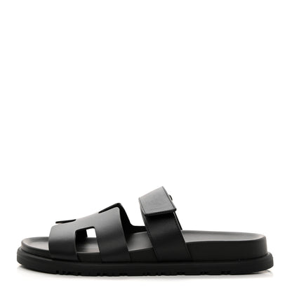 Hermes Calfskin Womens Chypre Sandals 37.5 Black 1 of 9