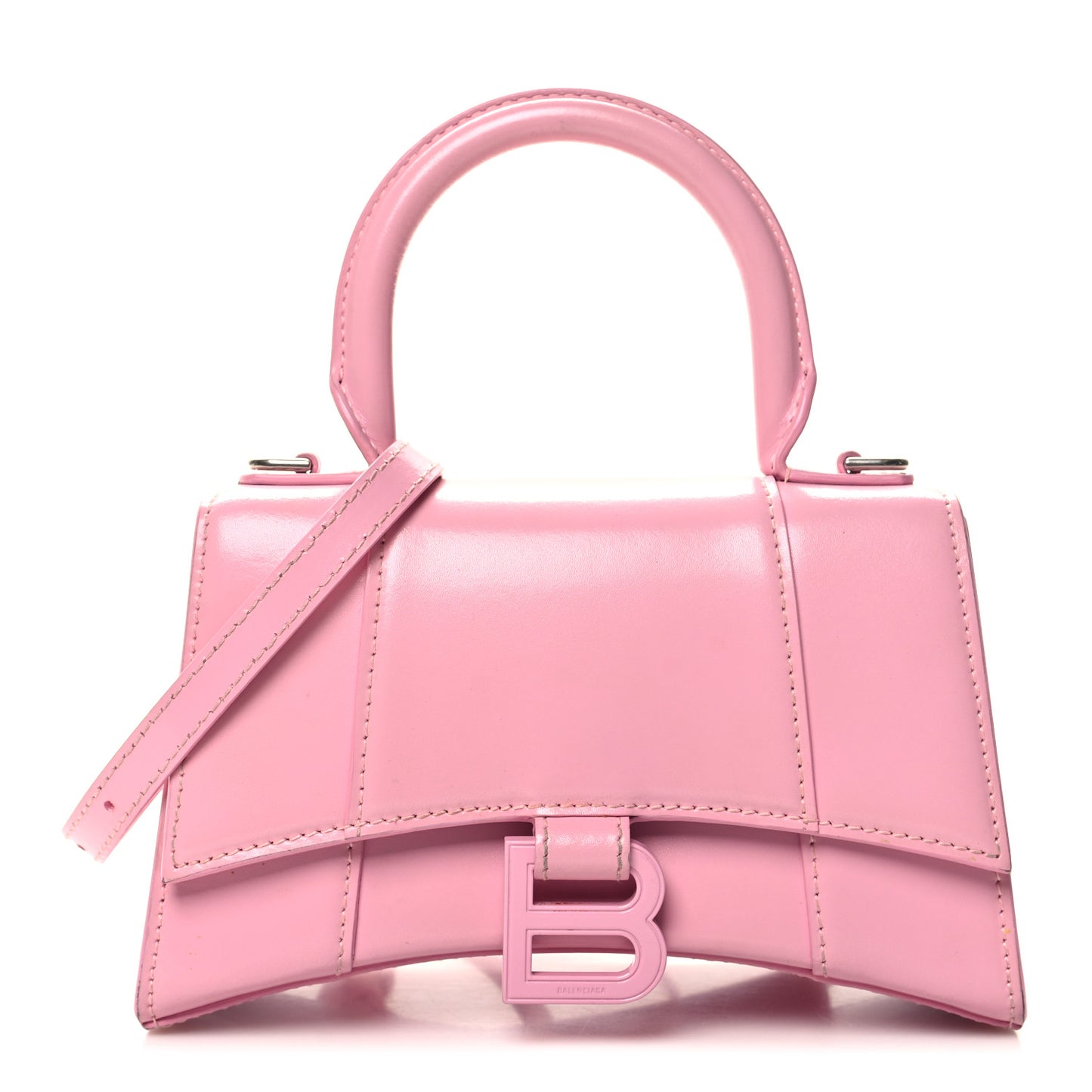 Shiny Box Calfskin Tonal B Hourglass Top Handle Bag XS Candy Pink