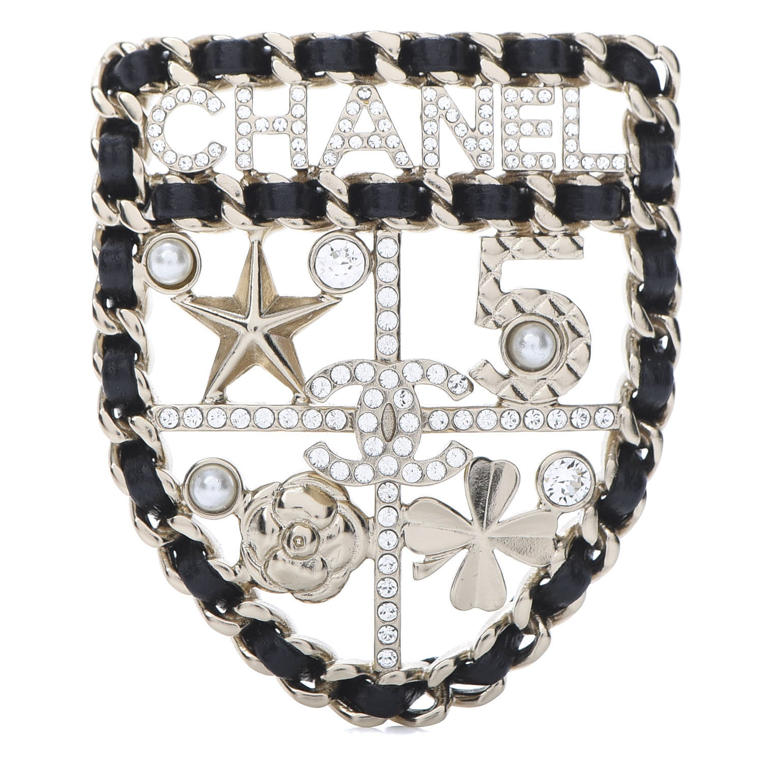 Chanel Lambskin Pearl Strass Sergeant Shield Brooch Gold 1 of 5