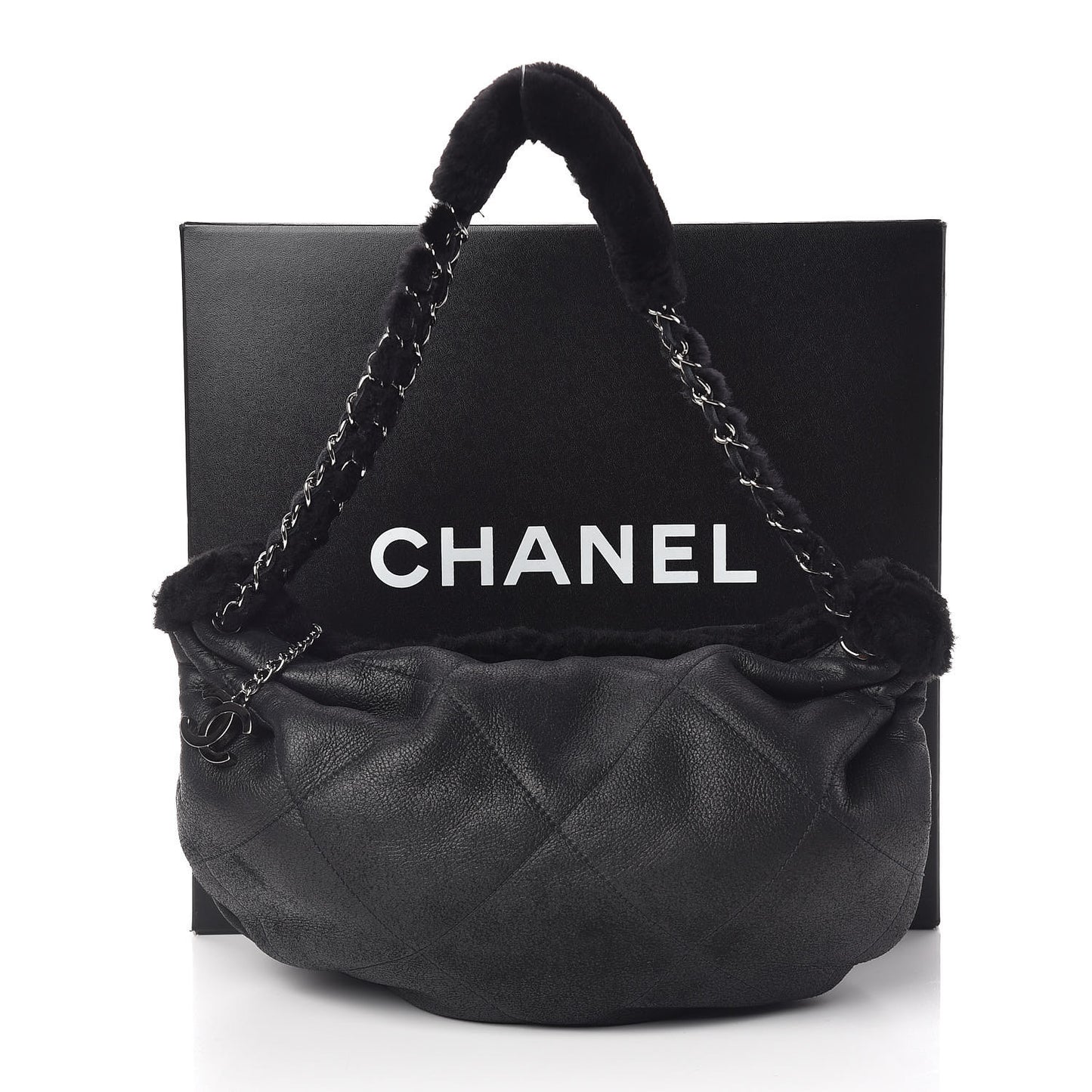 Shearling Suede Lambskin Stitched Hobo Black