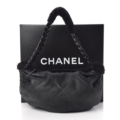 Chanel Shearling Suede Lambskin Stitched Hobo Black 10 of 10