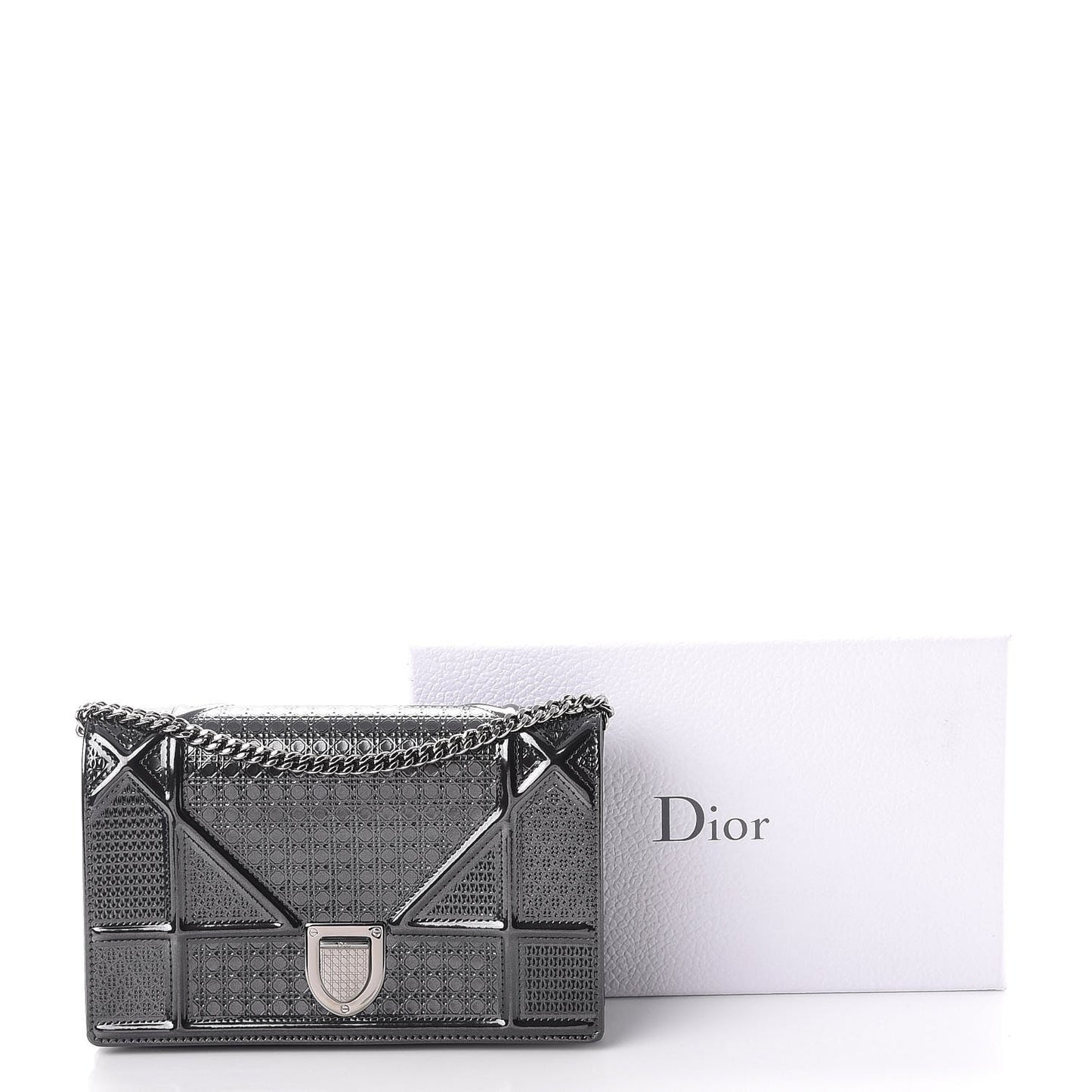 Metallic Patent Micro-Cannage Diorama Wallet on Chain Pouch Onyx Black