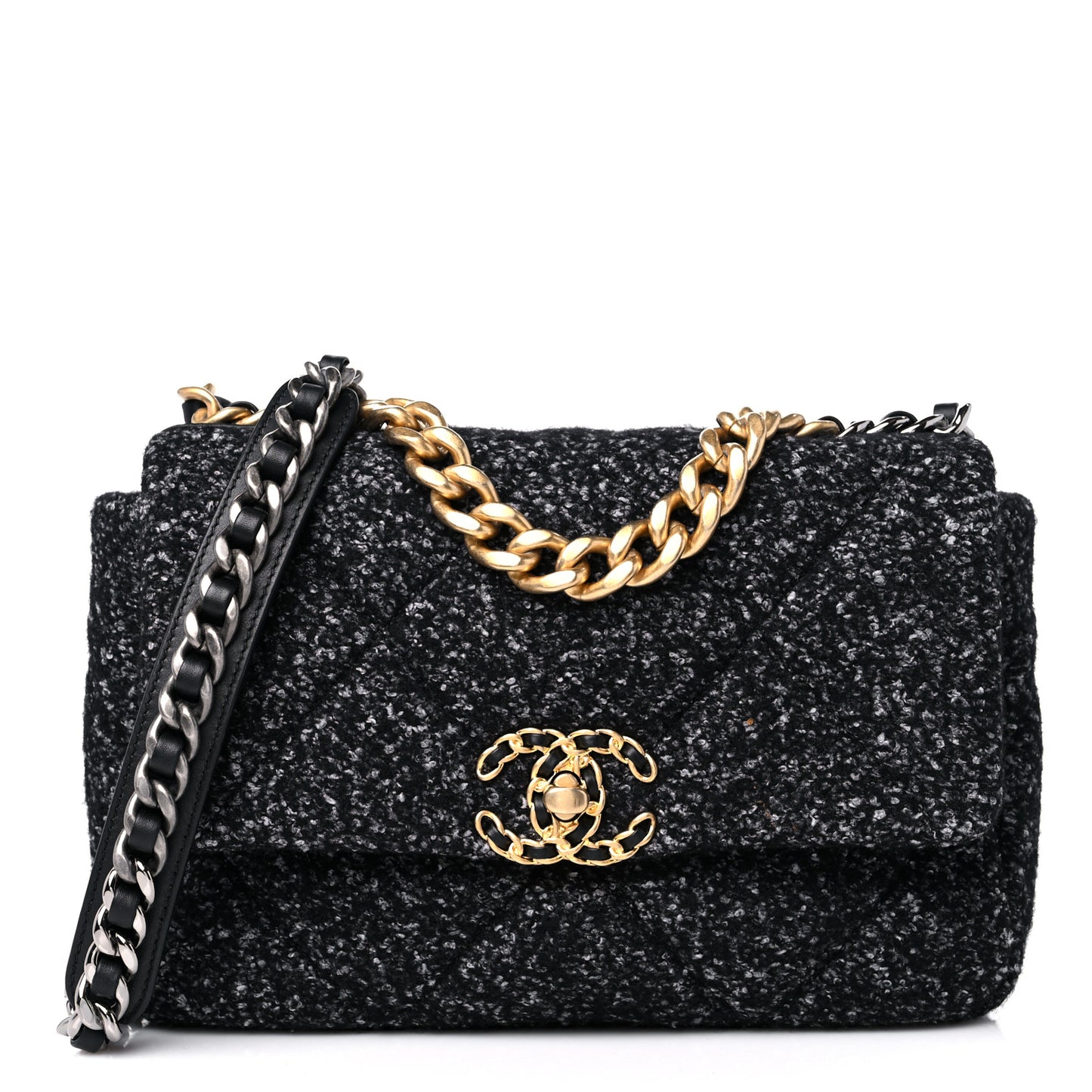 Tweed Quilted Medium Chanel 19 Flap Black Grey