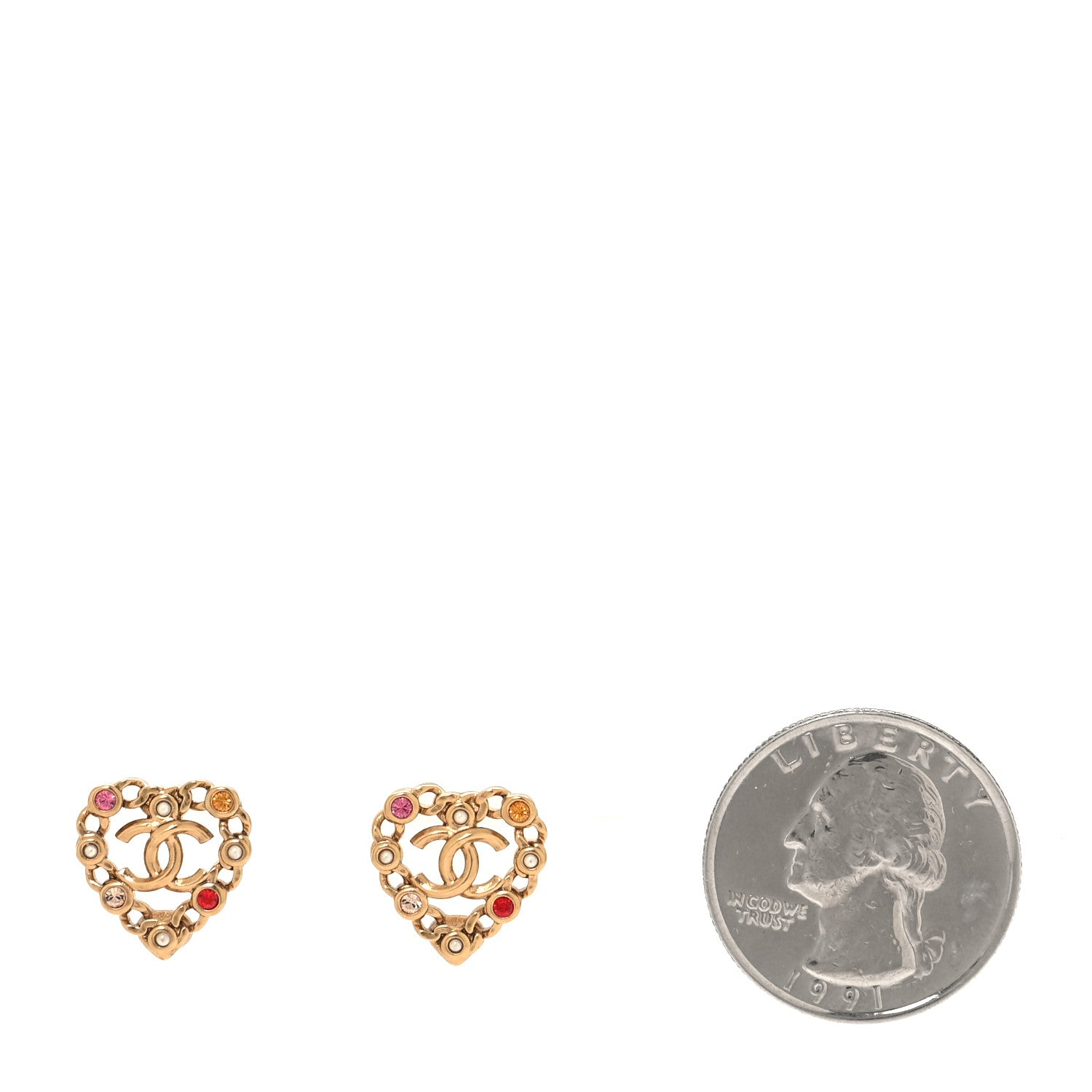 Chanel Pearl Crystal CC Heart Earrings Gold Multicolor 2 of 5