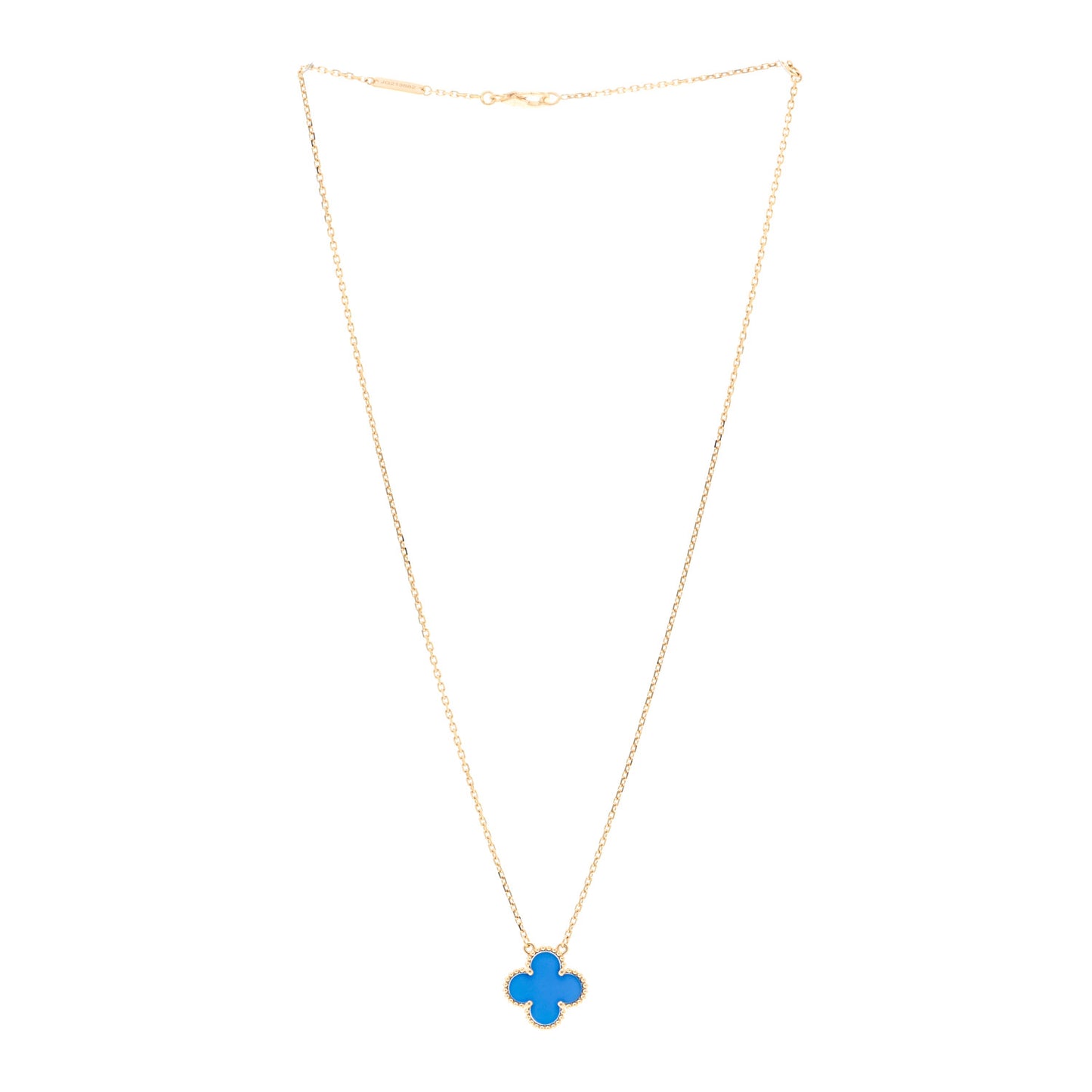 18K Yellow Gold Blue Agate Vintage Alhambra Pendant Necklace