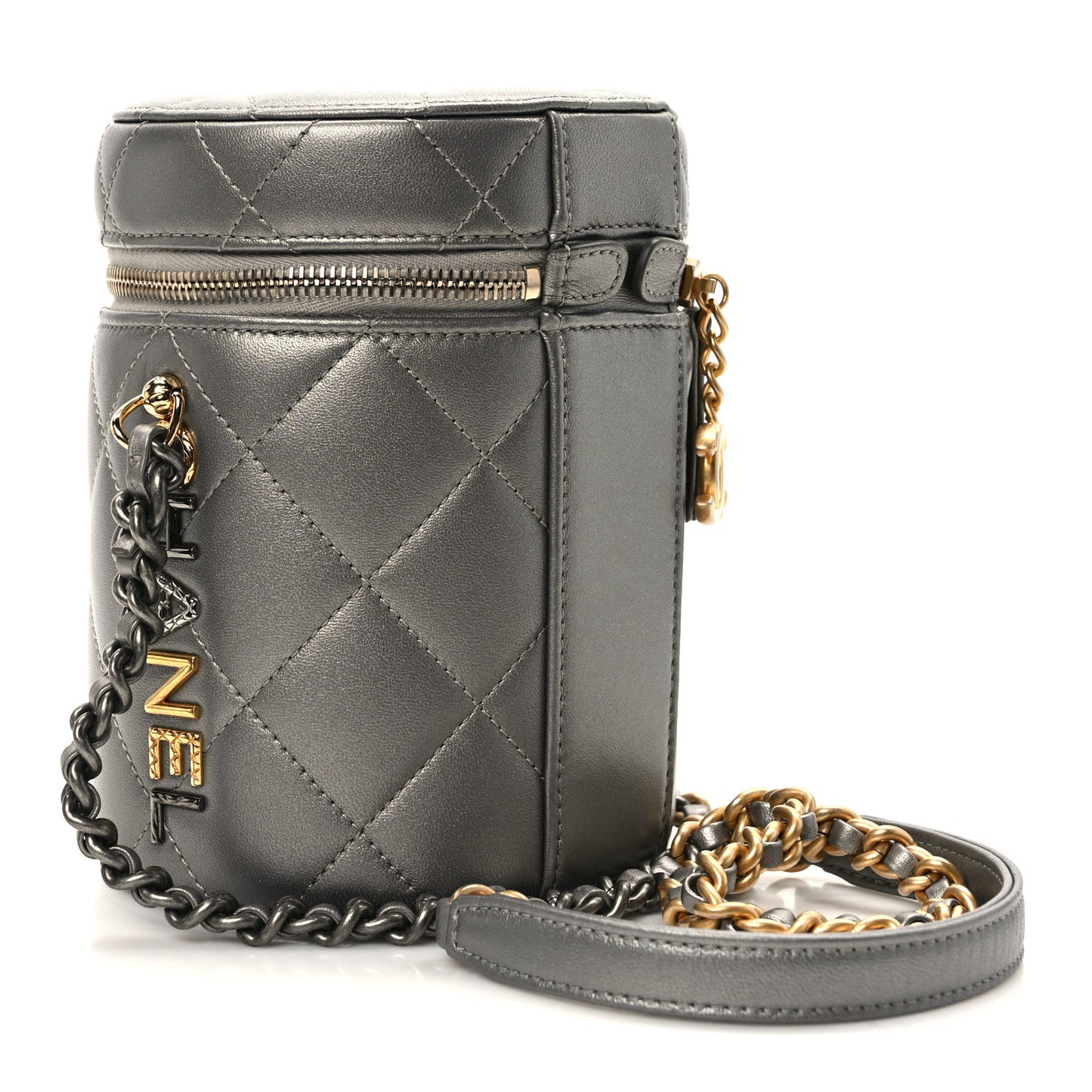 Metallic Lambskin Quilted Side Note Vanity Grey