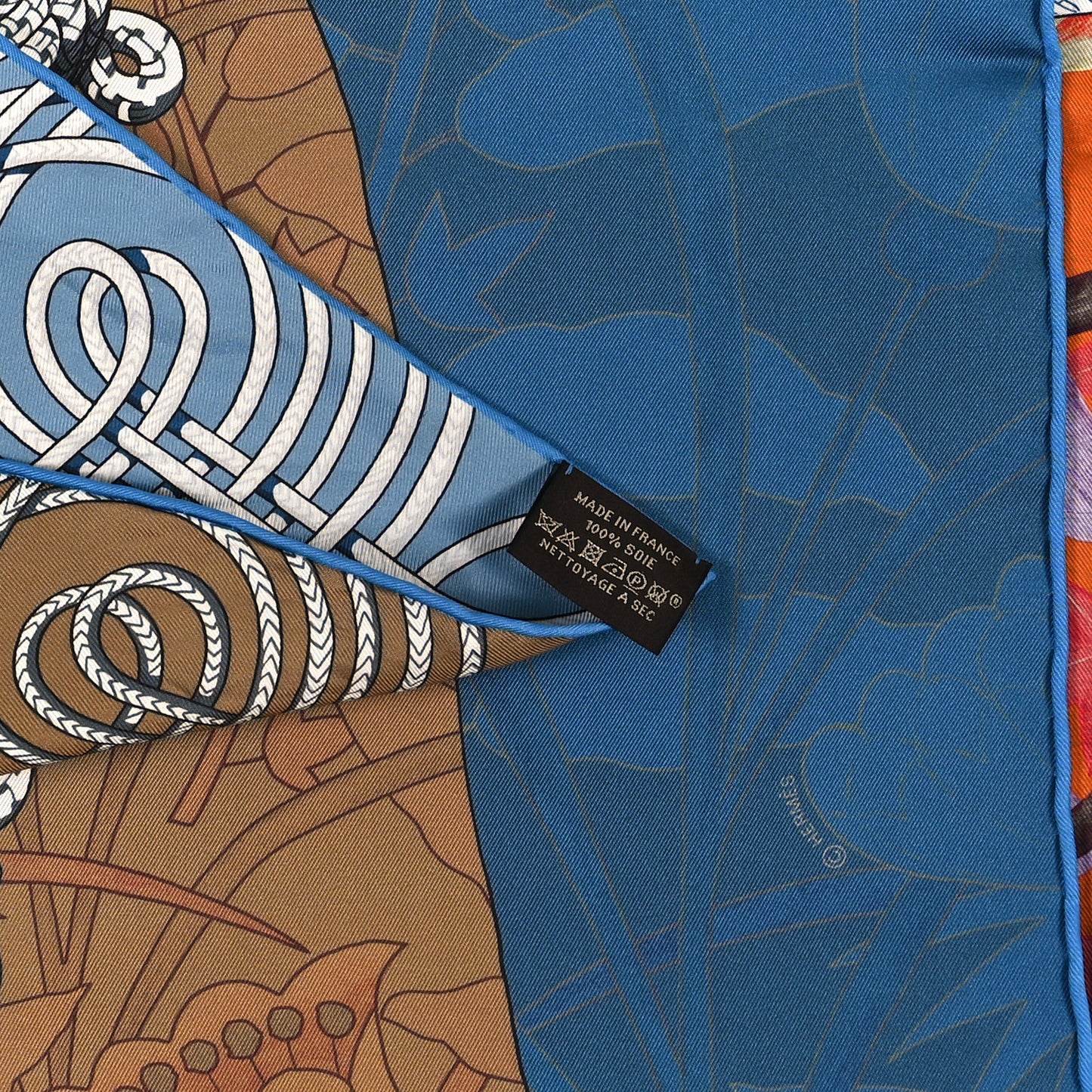 Silk Carre Double Face Brandebourgs Scarf 90 Bleu Jean Tabac Anthracite