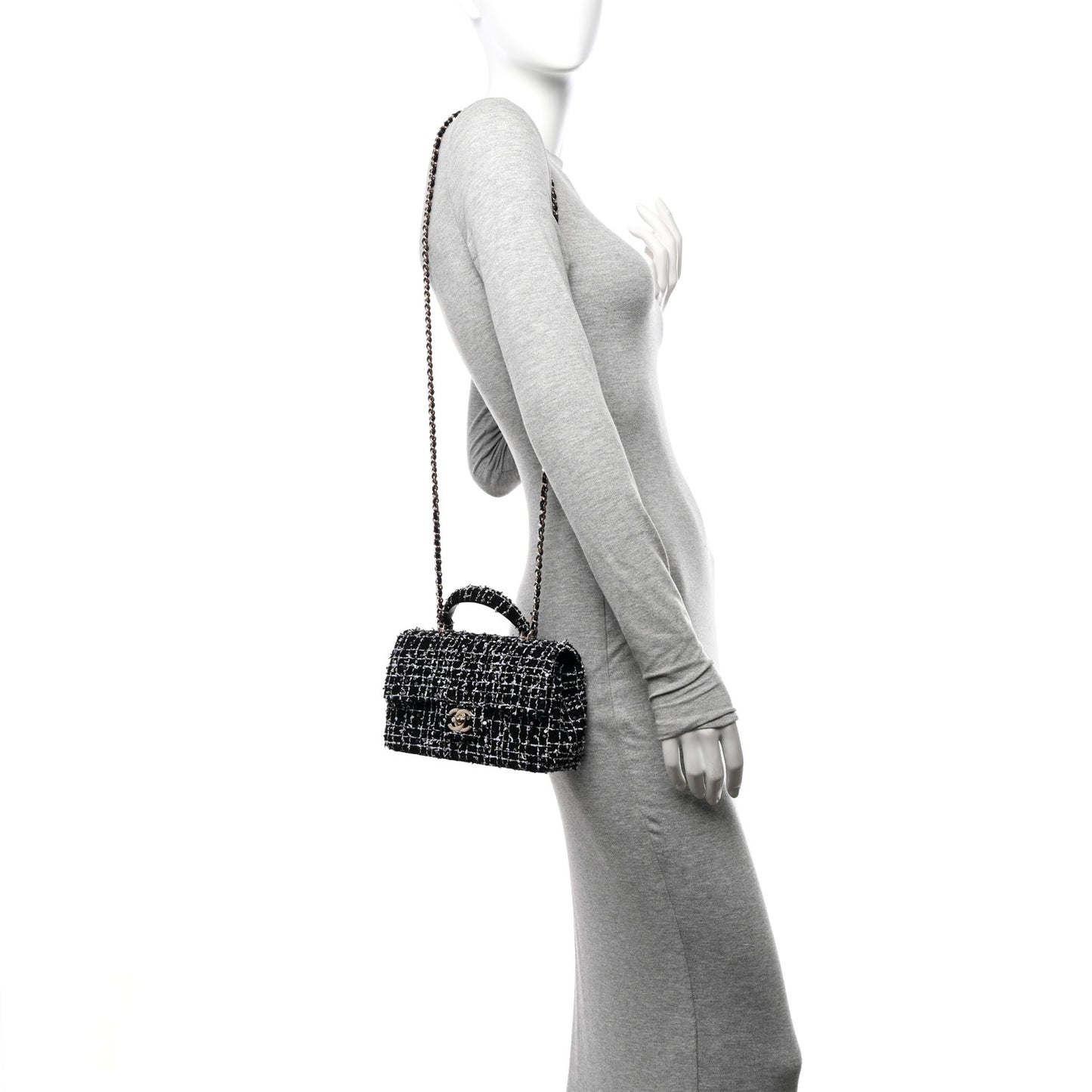 Tweed Quilted Mini Top Handle Rectangular Flap Black White