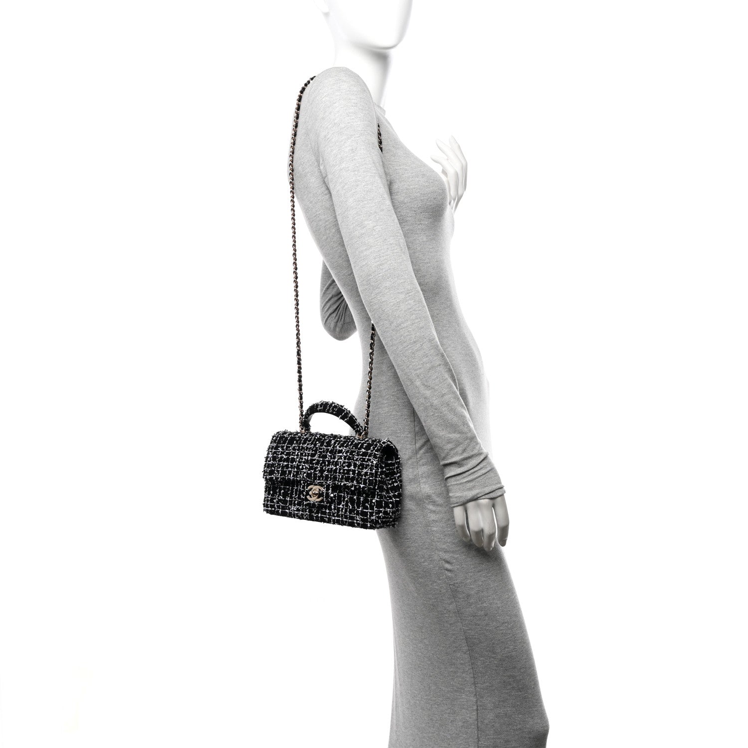 Chanel Tweed Quilted Mini Top Handle Rectangular Flap Black White 2 of 11