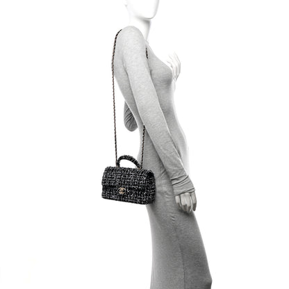 Chanel Tweed Quilted Mini Top Handle Rectangular Flap Black White 2 of 11